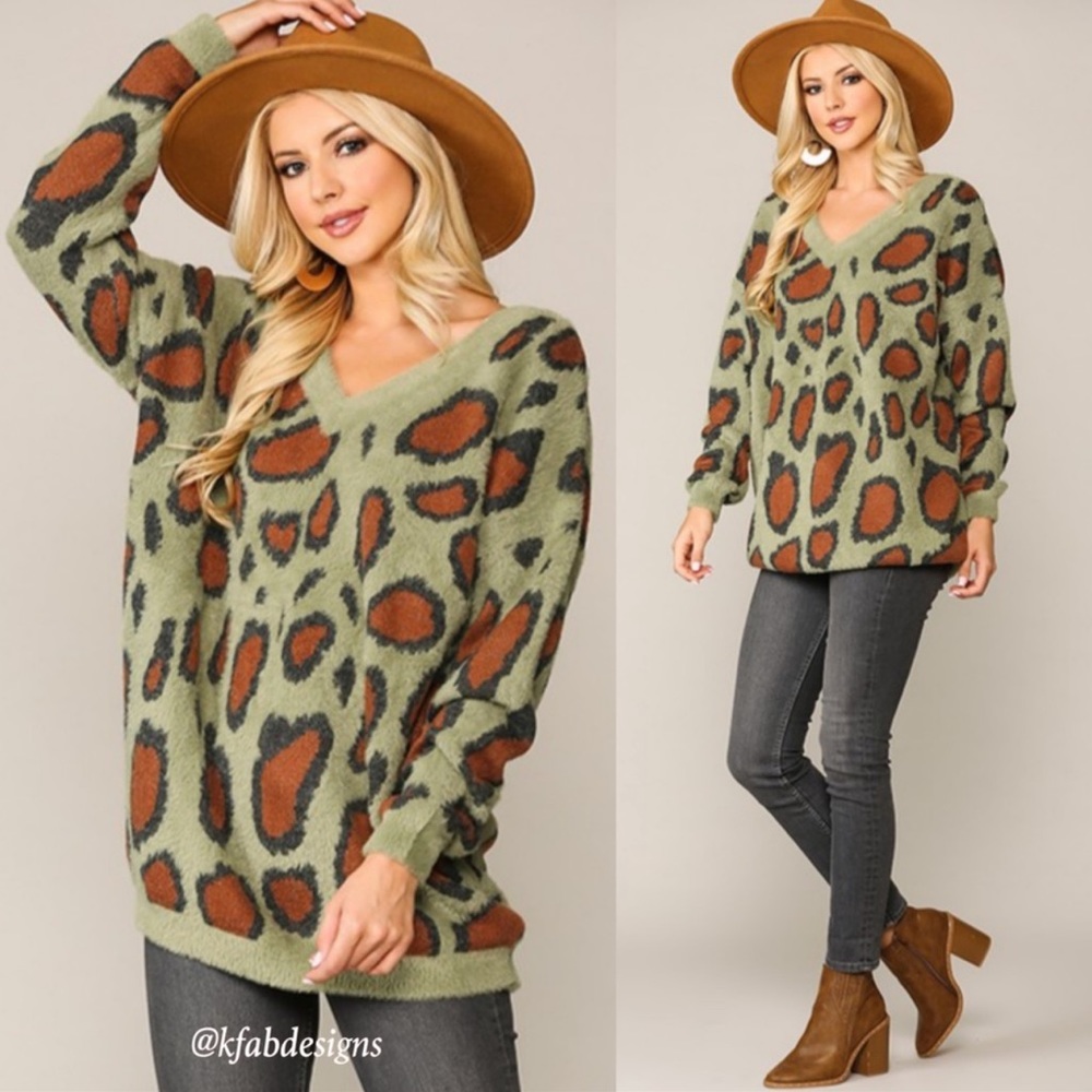 B27W💚🤎Gorgeous+soft v-neck animal print sweater in lime w/brown animal print